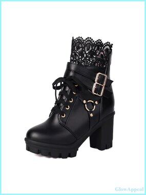 Gothic Lace Up Platform Ankle Boots with Buckles, Faux Leather, Chunky Heel,